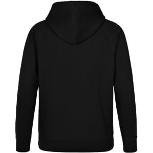 A black men's fleecy hoodie featuring a hood and long sleeves, with a simple design and an unprinted back.