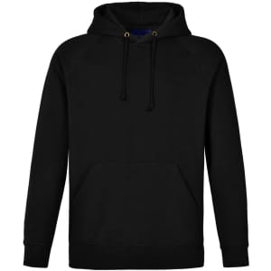 A black ladies' fleecy hoodie featuring a front pocket and a drawstring hood. It includes a logo on the design.
