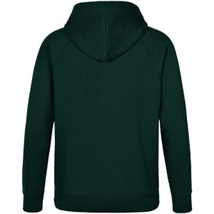 A dark green men's fleecy hoodie featuring a hood and long sleeves, with a plain back and a logo.