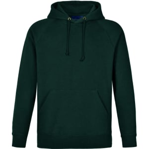 A green men's fleecy hoodie featuring a front pocket and a hood, with a brand logo.