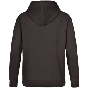 A dark brown men's fleecy hoodie featuring a hood and long sleeves. Includes a logo on the back.