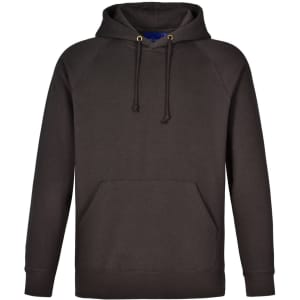 A men's fleecy hoodie in dark brown with a front pocket and drawstring hood. Features a logo.
