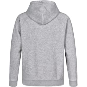A grey men's fleecy hoodie featuring a hood and a logo. The back is designed with raglan sleeves.