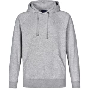 A grey men's fleecy hoodie featuring a kangaroo pocket and a drawstring hood. It has a logo on the chest.
