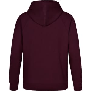 A maroon men's fleecy hoodie with a hood, featuring raglan sleeves and a solid design. It has a branding logo.