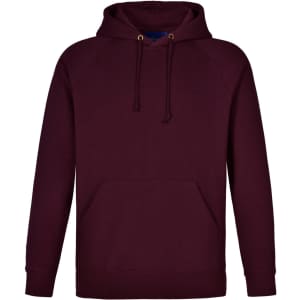 A maroon men's fleecy hoodie with a front kangaroo pocket and a drawstring hood. It features branding.