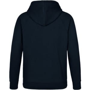 A navy blue men's fleecy hoodie featuring a full hood and long sleeves, with a logo on the back.
