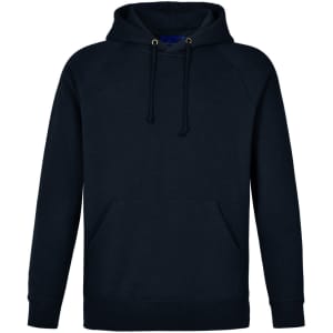 A black men's fleecy hoodie featuring a front pocket and a drawstring hood, with a logo.