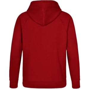 A red fleecy hoodie with a central hood and long sleeves, featuring a plain back design.
