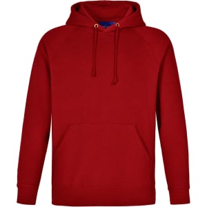 A red fleecy hoodie featuring a kangaroo pocket and a drawstring hood, with a logo present.