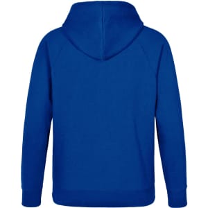 A blue men's fleecy hoodie featuring a hood and a sleek back design. It includes a logo.