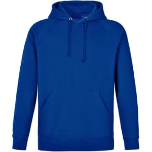 A blue men's fleecy hoodie with a front pocket and adjustable hood, featuring a logo.