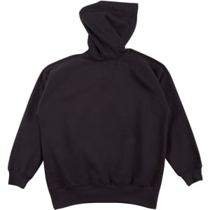 A black kids' fleece hoodie with a hood and raglan sleeves, featuring a plain back and ribbed cuffs.