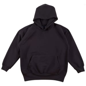 A black kids' fleece hoodie with a front pocket and a drawstring hood. It features a brand logo.