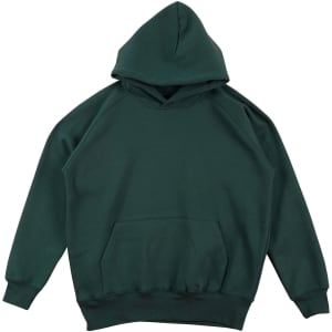 A green kids' fleece hoodie featuring a front pocket and a hood, with a logo on one side.