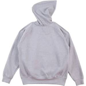A grey kids' fleece hoodie with a kangaroo pocket and a hood. It has a simple design and includes a logo.
