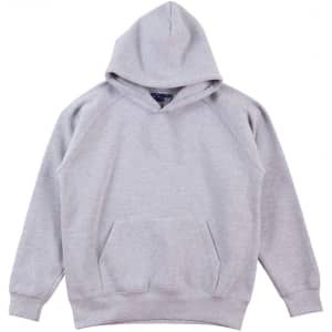 A grey kids' fleece hoodie featuring a front pocket and a hood, with raglan sleeves. It has a logo on it.