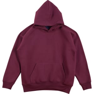 A burgundy kids' fleece hoodie featuring a kangaroo pocket and a large hood. It has a logo on the label.