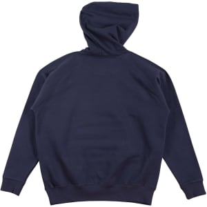 A navy blue kids' fleece hoodie with a hood and ribbed cuffs and hem. It features a branding logo.