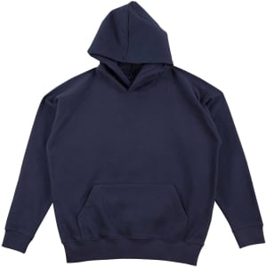 A navy blue kids' fleece hoodie with a front pocket and an adjustable hood, featuring a logo.
