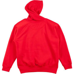 A red kids' fleece hoodie featuring a kangaroo pocket and a hood, with a logo on the front.
