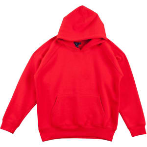 A red kids' fleece hoodie featuring a front pocket and a hood, with a logo on one side.