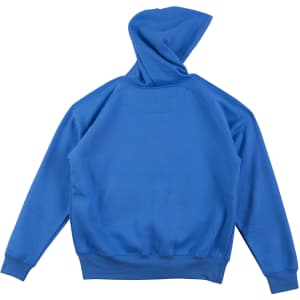 A blue kids' fleece hoodie with a kangaroo pocket and a hood, featuring a logo on the back.