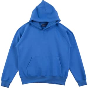 A blue kids' fleece hoodie with a kangaroo pocket and a hood, featuring a logo on the label.