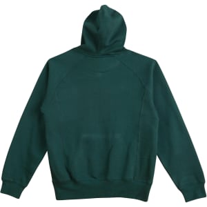 A dark green ladies' fleecy hoodie featuring a hood and a simple design on the back. Includes branding.