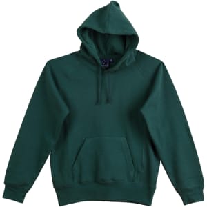 A green ladies' fleecy hoodie featuring a front pocket and a drawstring hood. It has a logo on the tag.