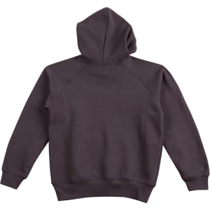 A dark grey ladies' fleece hoodie with a hood and raglan sleeves, featuring a logo.