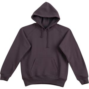 A ladies' fleecy hoodie in a dark grey colour with a front pocket and a hood. It features a logo on the chest.