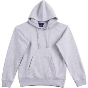 A light grey ladies' fleecy hoodie featuring a kangaroo pocket and a hood, with a logo on the tag.