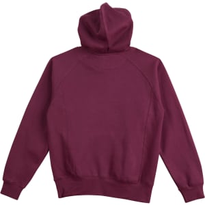 A maroon ladies' fleece hoodie with a hood and long sleeves, featuring a logo on the back.