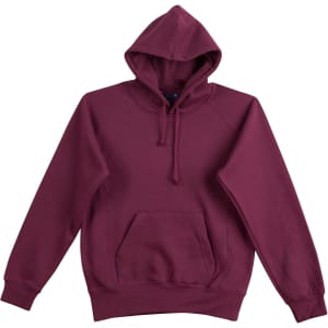 A burgundy ladies' fleecy hoodie with a front pocket and a hood, featuring a logo.