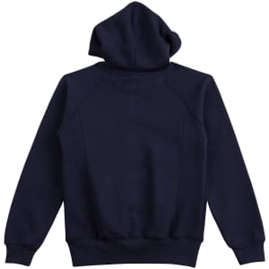 A navy ladies' fleecy hoodie featuring a drawstring hood and ribbed cuffs. Includes a logo on the back.