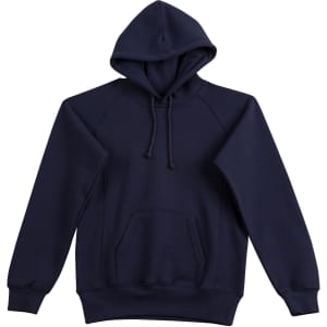 A navy blue ladies' fleecy hoodie featuring a hood, front pocket, and ribbed cuffs. It has a logo on the front.