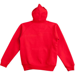 A red fleecy hoodie with a hood and long sleeves, featuring a logo on the back.