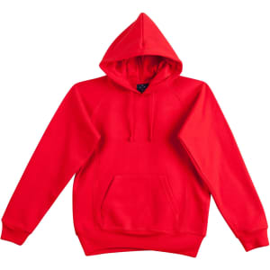 A red fleecy hoodie featuring a front pocket and a drawstring hood. It includes a logo.