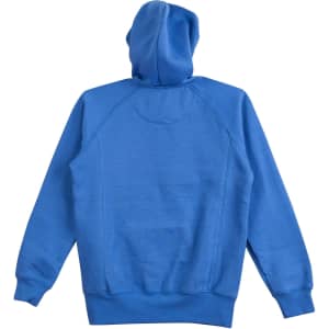 A blue ladies' fleecy hoodie featuring a kangaroo pocket and a hood, with a branding logo present.