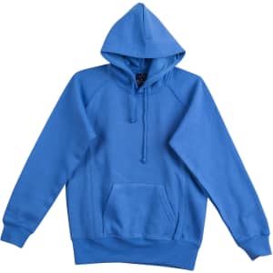 A blue fleece hoodie featuring a front pocket and a hood. It has a logo on the label.