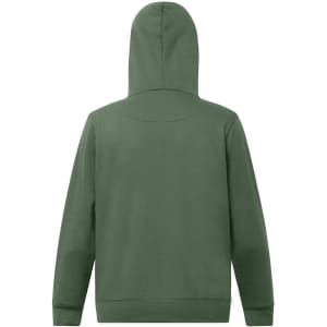 A green hooded fleece jumper with a close front design and a plain back. Features a logo.