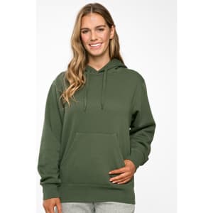 A green close front fleece hoodie with a kangaroo pocket and a hood, featuring a logo.