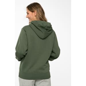 A green adult's close front contrast fleecy hoodie with a hood, seen from the back.