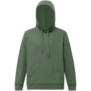 An olive green adult hoodie with a front pocket and a drawstring hood. It features branding on the garment.