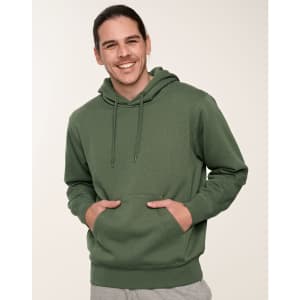 A green adult fleece hoodie with a front pocket, featuring a drawstring hood and a relaxed fit.