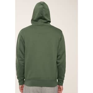 A green fleecey hoodie with a close front and a hood, viewed from the back.