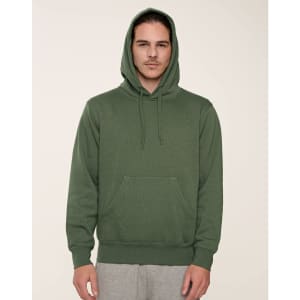 A men's green close-front contrast fleecy hoodie with a front pocket and a drawstring hood.