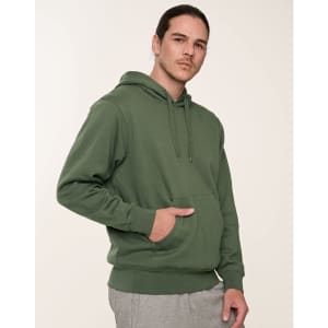 A green adult's close front contrast fleecy hoodie with a front pocket and drawstring hood.
