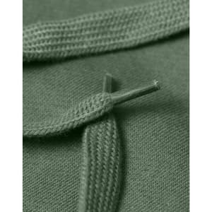 A close-up of a green hoodie featuring a knotted drawstring and textured fabric. The item has a logo.
